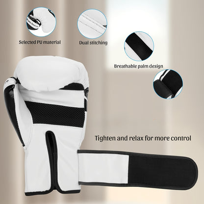 Men's & Women's Boxing & Martial Arts Training Gloves - Shock-Absorbing Heavy-Duty Taekwondo Gloves with Reinforced Wrist, White/Black/Red Design, Breathable for Sparring, Fighting, Fitness - Beginner/Advanced Combat Sports E